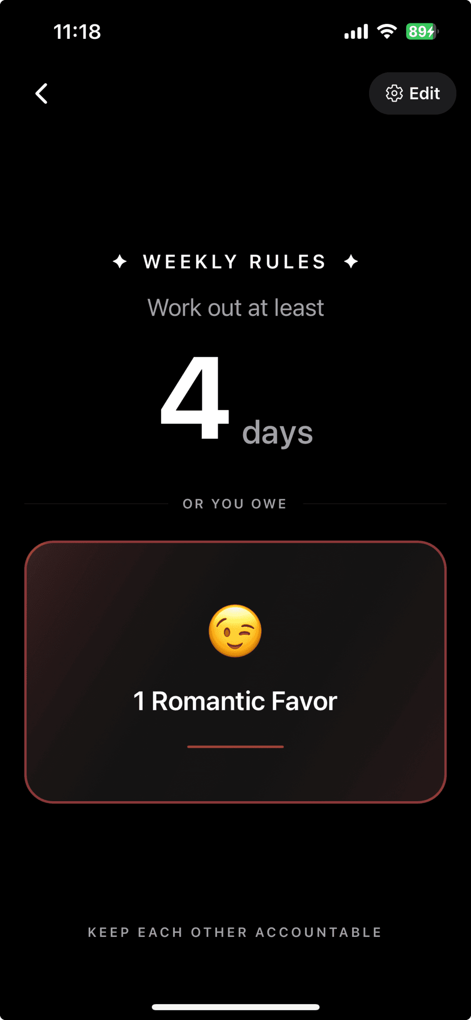 Weekly Rules screen showing 4 days work out target